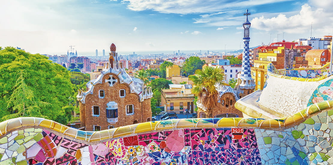 Mosaic covered buildings in Parc Guell, Barcelona